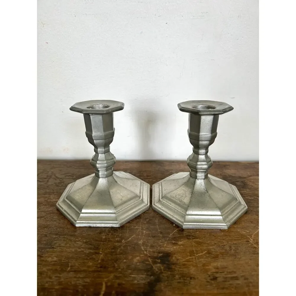 Pair of Vintage Pewter Octette Candlestick Holders | Cottagecore Candleholders